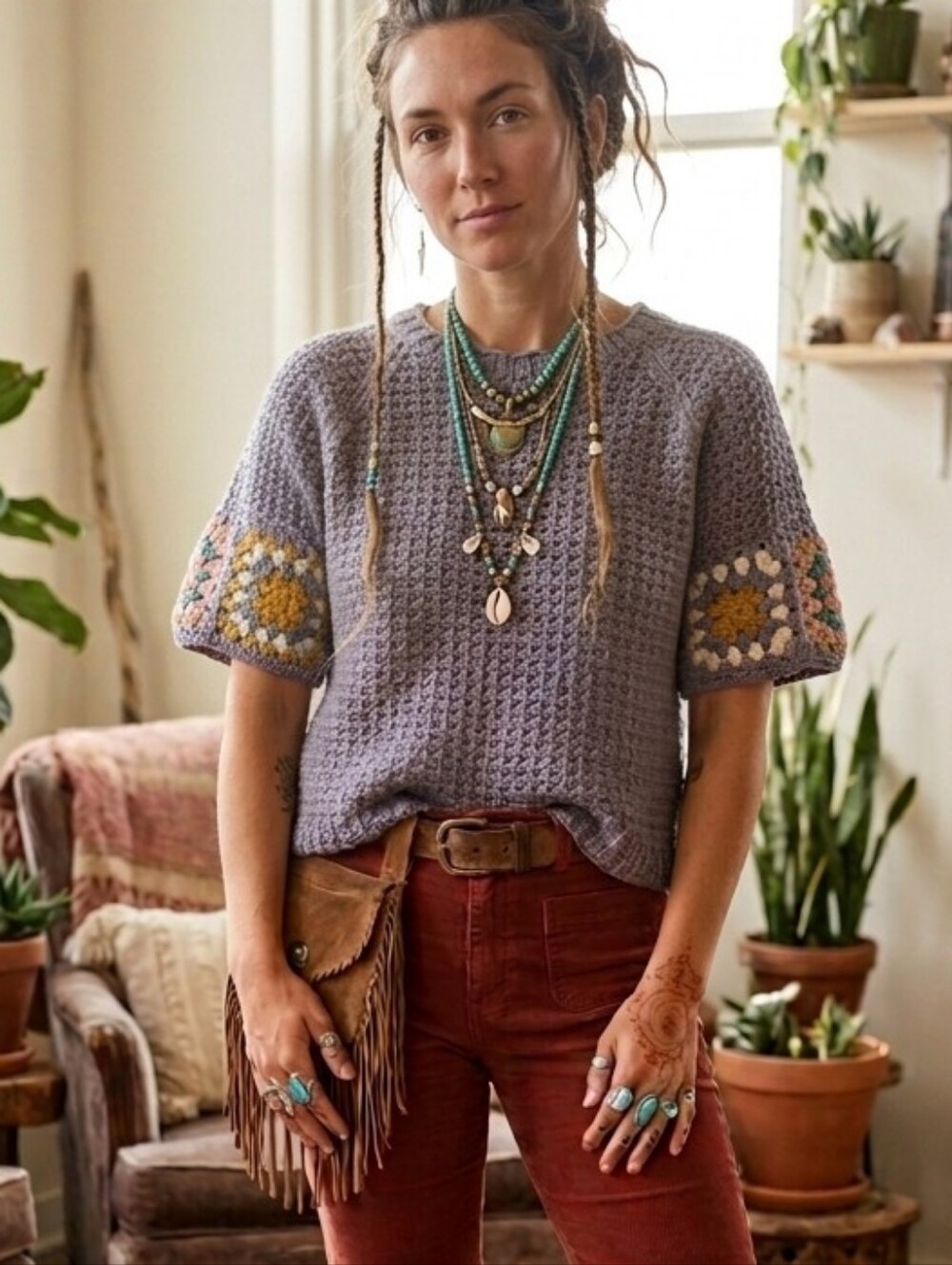 Universal Thread Gray Lavender Crochet Knit Sweater